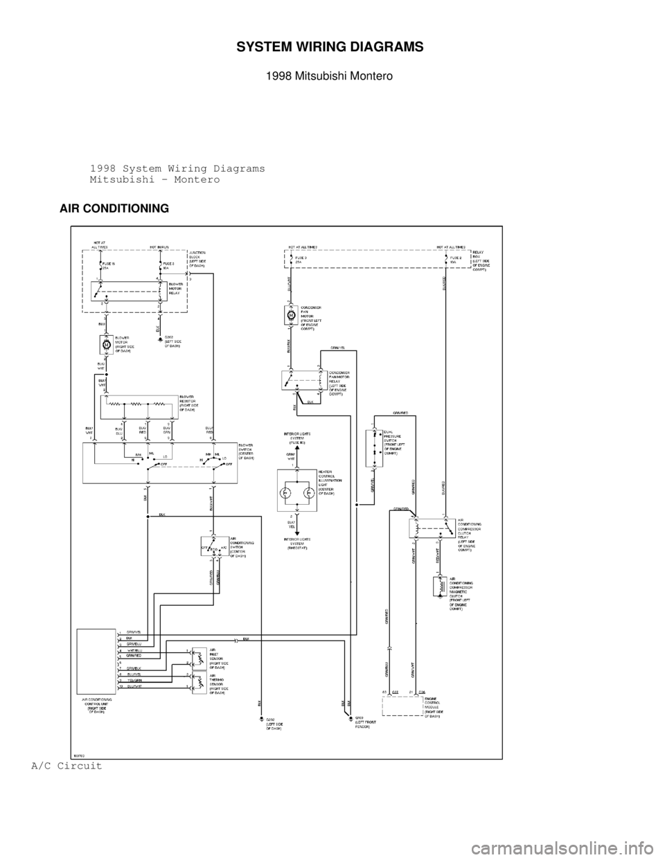 MITSUBISHI MONTERO 1998  Service Manual SYSTEM WIRING DIAGRAMS 
1998 Mitsubishi Montero
         1998 System Wiring Diagrams
          Mitsubishi - Montero
         AIR CONDITIONING
A/C Circuit                            