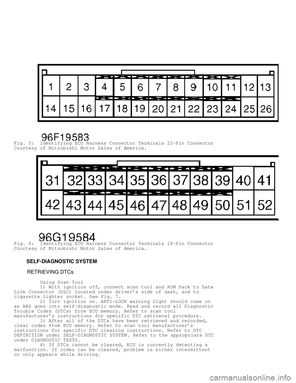 MITSUBISHI MONTERO 1998  Service Manual Fig. 5:  Identifying ECU Harness Connector Terminals 22-Pin Connector
Courtesy of Mitsubishi Motor Sales of America.
Fig. 6:  Identifying ECU Harness Connector Terminals 26-Pin Connector
Courtesy of M