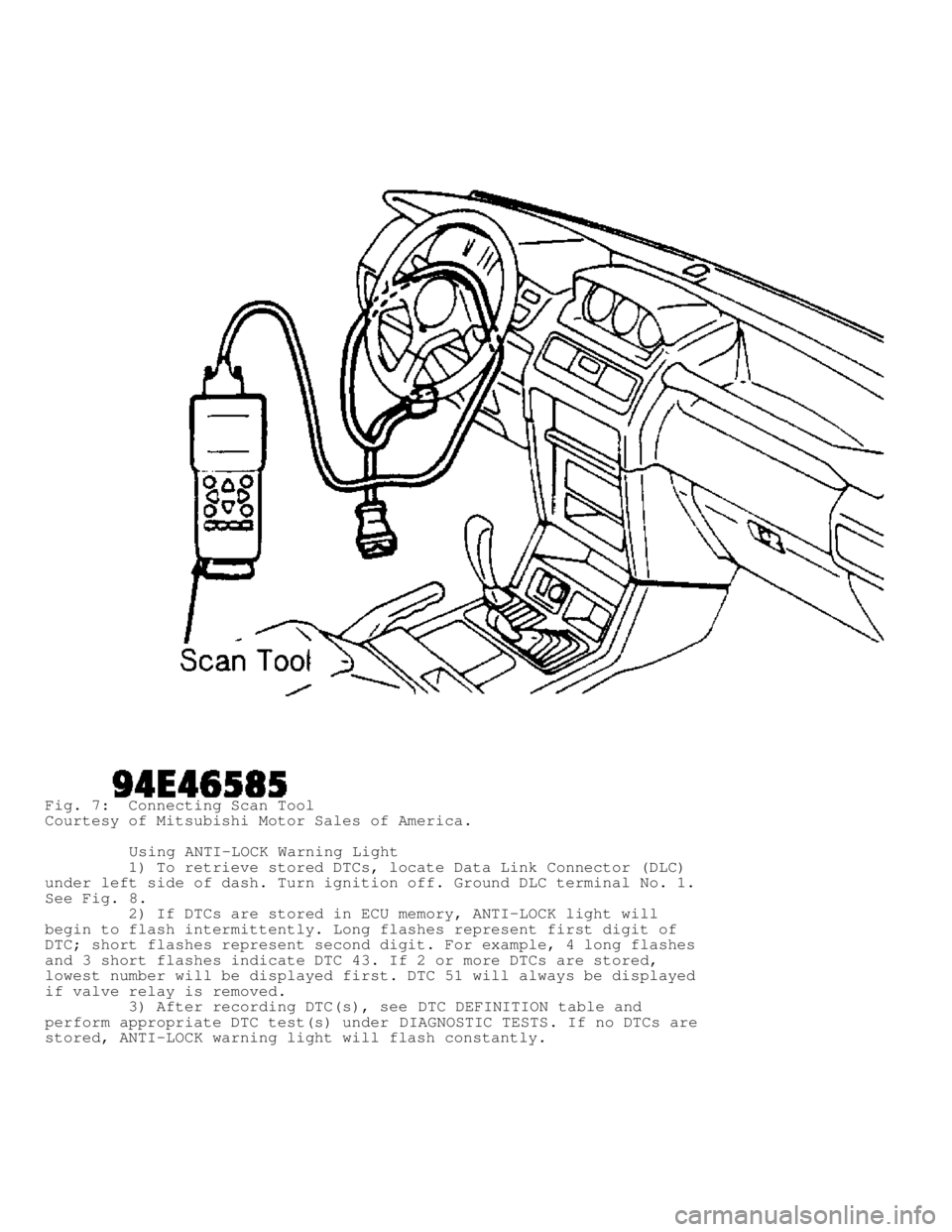 MITSUBISHI MONTERO 1998 User Guide Fig. 7: Connecting Scan Tool
Courtesy of Mitsubishi Motor Sales of America.
Using ANTI-LOCK Warning Light
1) To retrieve stored DTCs, locate Data Link Connector (DLC)\
under left s MITSUBISHI MONTERO 1998 User Guide Fig. 7: Connecting Scan Tool
Courtesy of Mitsubishi Motor Sales of America.
Using ANTI-LOCK Warning Light
1) To retrieve stored DTCs, locate Data Link Connector (DLC)\
under left s