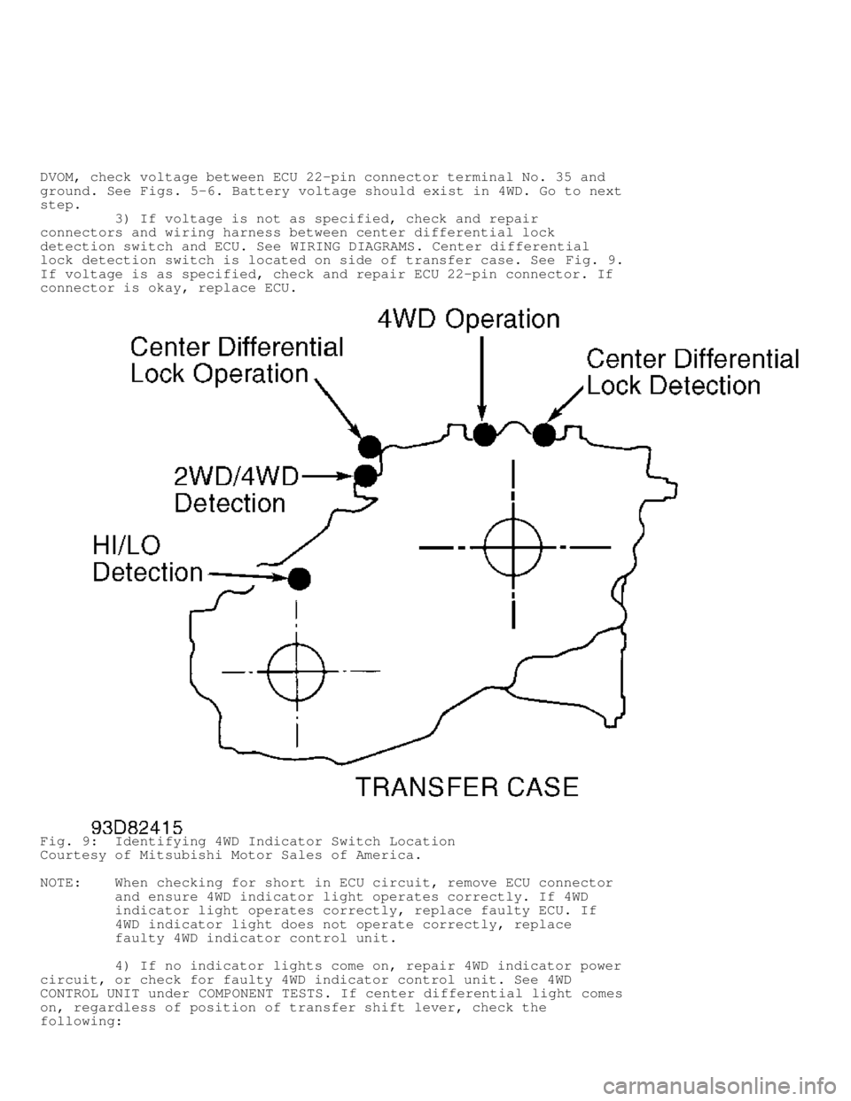 MITSUBISHI MONTERO 1998 Service Manual DVOM, check voltage between ECU 22-pin connector terminal No. 35 and
ground. See Figs. 5-6. Battery voltage should exist in 4WD. Go to next
step.
3) If voltage is not as specified, check and MITSUBISHI MONTERO 1998 Service Manual DVOM, check voltage between ECU 22-pin connector terminal No. 35 and
ground. See Figs. 5-6. Battery voltage should exist in 4WD. Go to next
step.
3) If voltage is not as specified, check and