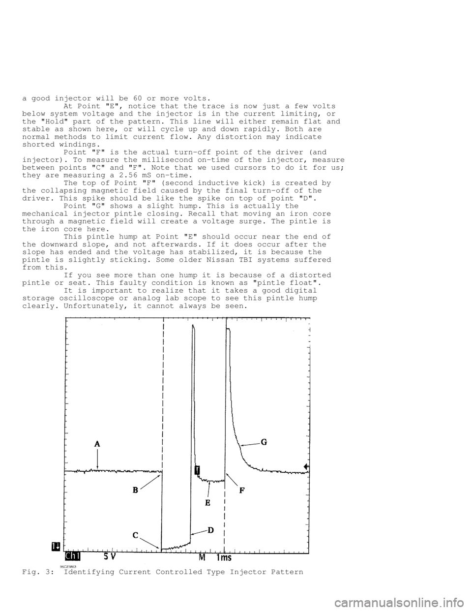 MITSUBISHI MONTERO 1998 Service Manual a good injector will be 60 or more volts.
At Point "E", notice that the trace is now just a few volts
below system voltage and the injector is in the current limiting, or
the "Hold" part of t MITSUBISHI MONTERO 1998 Service Manual a good injector will be 60 or more volts.
At Point "E", notice that the trace is now just a few volts
below system voltage and the injector is in the current limiting, or
the "Hold" part of t