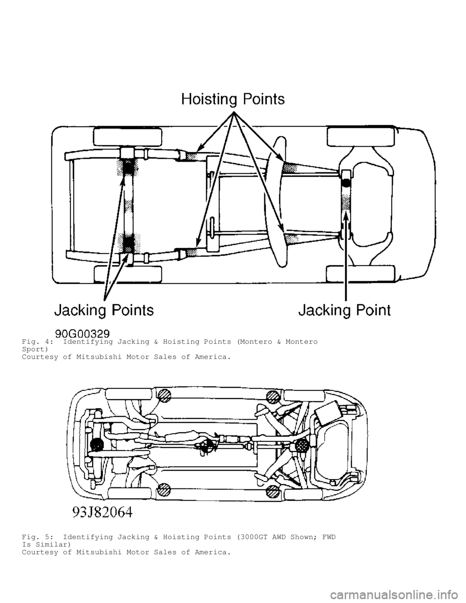 MITSUBISHI MONTERO 1998 Service Manual Fig. 4: Identifying Jacking & Hoisting Points (Montero & Montero
Sport)
Courtesy of Mitsubishi Motor Sales of America.
Fig. 5: Identifying Jacking & Hoisting Points (3000GT AWD Shown; FWD
Is Similar MITSUBISHI MONTERO 1998 Service Manual Fig. 4: Identifying Jacking & Hoisting Points (Montero & Montero
Sport)
Courtesy of Mitsubishi Motor Sales of America.
Fig. 5: Identifying Jacking & Hoisting Points (3000GT AWD Shown; FWD
Is Similar