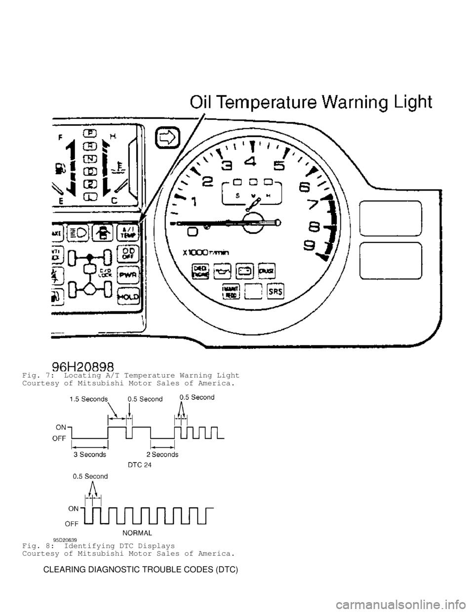 MITSUBISHI MONTERO 1998  Service Manual Fig. 7:  Locating A/T Temperature Warning Light
Courtesy of Mitsubishi Motor Sales of America.
Fig. 8:  Identifying DTC Displays
Courtesy of Mitsubishi Motor Sales of America.
         CLEARING DIAGNO