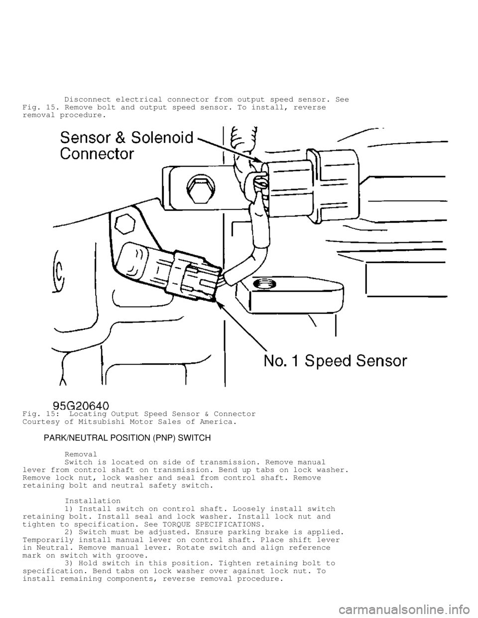 MITSUBISHI MONTERO 1998  Service Manual          Disconnect electrical connector from output speed sensor. See
Fig. 15. Remove bolt and output speed sensor. To install, reverse
removal procedure.
Fig. 15:  Locating Output Speed Sensor & Con