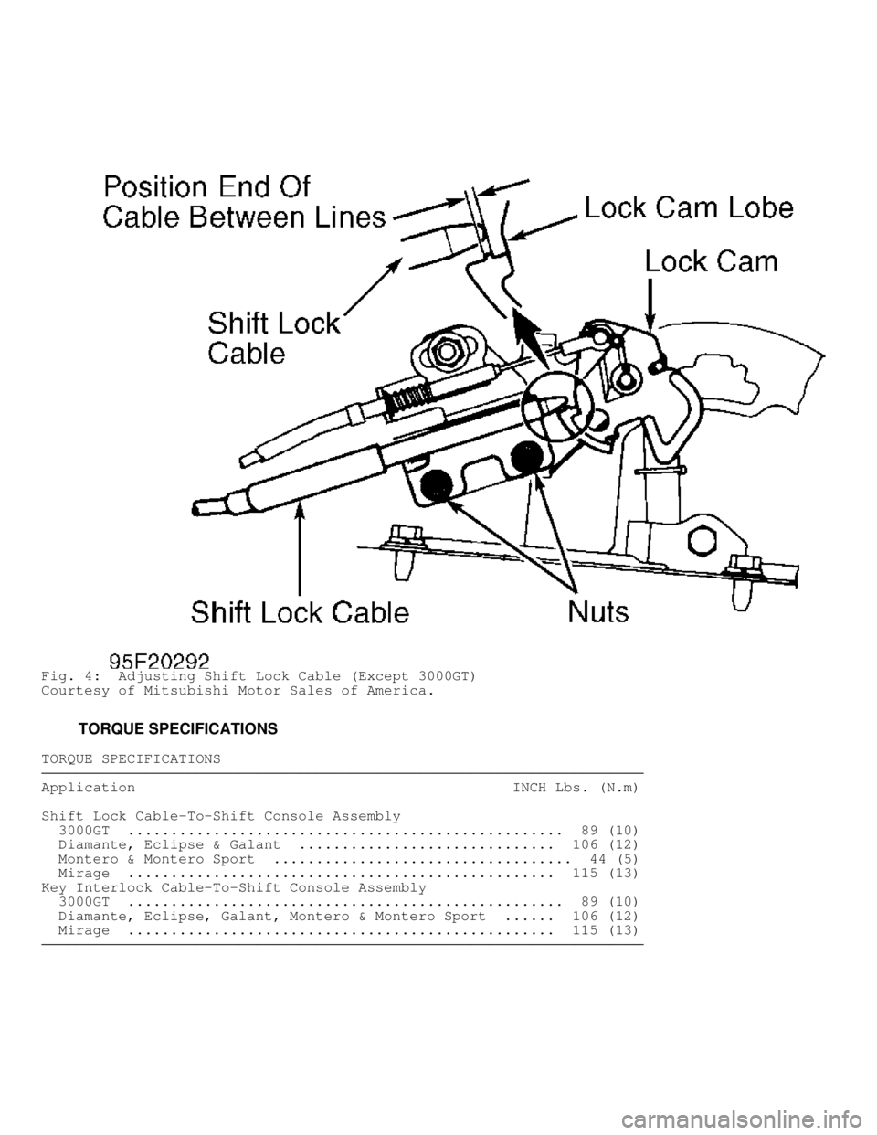 MITSUBISHI MONTERO 1998  Service Manual Fig. 4:  Adjusting Shift Lock Cable (Except 3000GT)
Courtesy of Mitsubishi Motor Sales of America.
         TORQUE SPECIFICATIONS
TORQUE SPECIFICATIONS���������\
���������\
�����