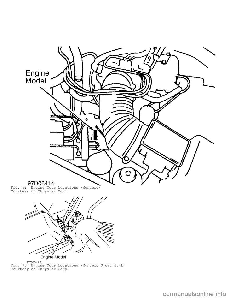 MITSUBISHI MONTERO 1998  Service Manual Fig. 6:  Engine Code Locations (Montero)
Courtesy of Chrysler Corp.
Fig. 7:  Engine Code Locations (Montero Sport 2.4L)
Courtesy of Chrysler Corp.                                  