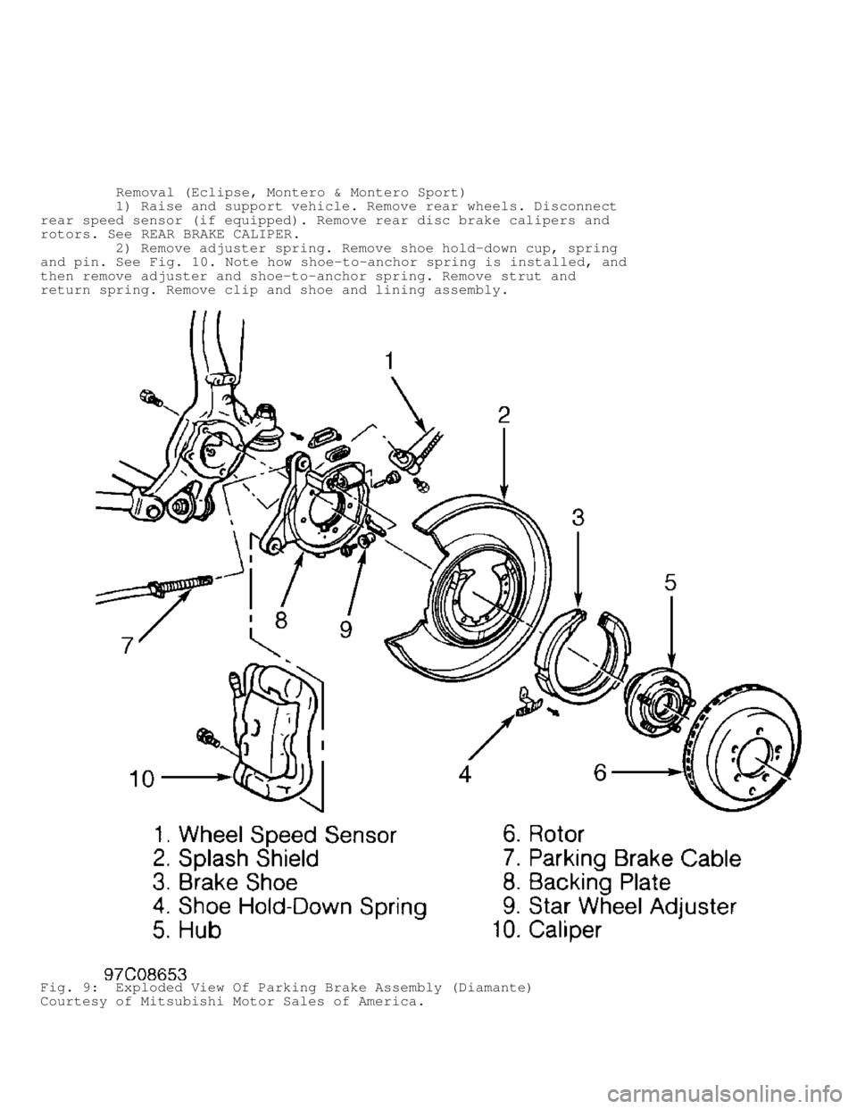 MITSUBISHI MONTERO 1998 Owners Manual Removal (Eclipse, Montero & Montero Sport)
1) Raise and support vehicle. Remove rear wheels. Disconnect
rear speed sensor (if equipped). Remove rear disc brake calipers and
rotors. S MITSUBISHI MONTERO 1998 Owners Manual Removal (Eclipse, Montero & Montero Sport)
1) Raise and support vehicle. Remove rear wheels. Disconnect
rear speed sensor (if equipped). Remove rear disc brake calipers and
rotors. S