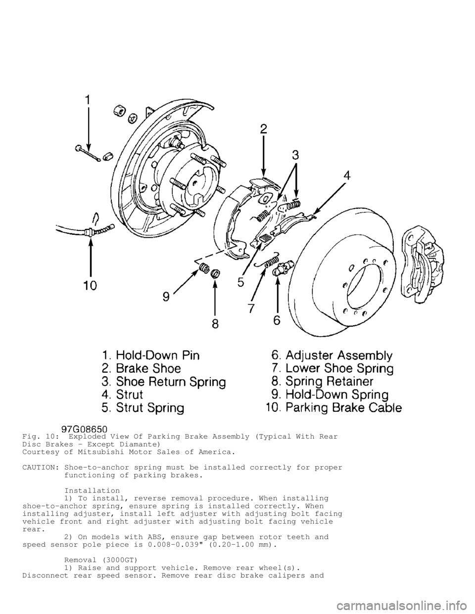 MITSUBISHI MONTERO 1998 Owners Manual Fig. 10: Exploded View Of Parking Brake Assembly (Typical With Rear
Disc Brakes - Except Diamante)
Courtesy of Mitsubishi Motor Sales of America.
CAUTION: Shoe-to-anchor spring must be installed corr MITSUBISHI MONTERO 1998 Owners Manual Fig. 10: Exploded View Of Parking Brake Assembly (Typical With Rear
Disc Brakes - Except Diamante)
Courtesy of Mitsubishi Motor Sales of America.
CAUTION: Shoe-to-anchor spring must be installed corr