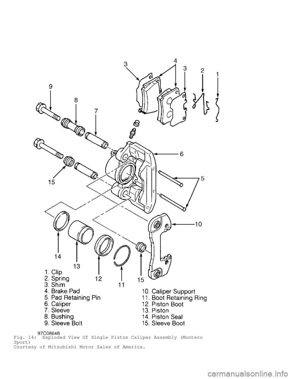 MITSUBISHI MONTERO 1998  Service Manual Fig. 14:  Exploded View Of Single Piston Caliper Assembly (Montero
Sport)
Courtesy of Mitsubishi Motor Sales of America.                                 