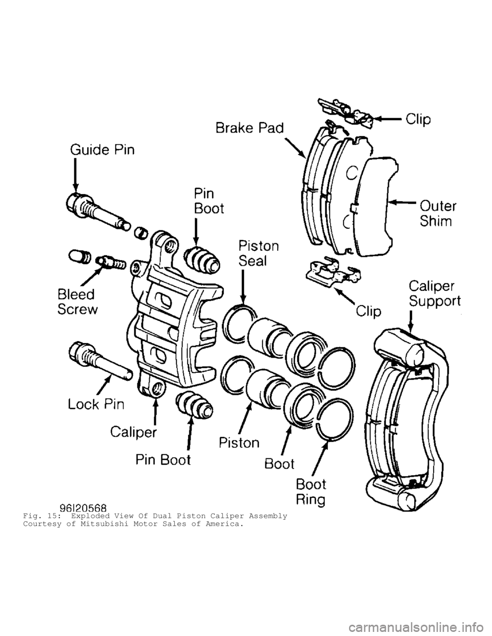 MITSUBISHI MONTERO 1998  Service Manual Fig. 15:  Exploded View Of Dual Piston Caliper Assembly
Courtesy of Mitsubishi Motor Sales of America.                                      