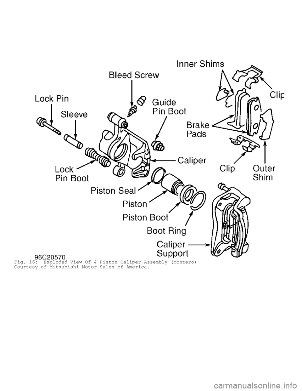 MITSUBISHI MONTERO 1998  Service Manual Fig. 16:  Exploded View Of 4-Piston Caliper Assembly (Montero)
Courtesy of Mitsubishi Motor Sales of America.                              