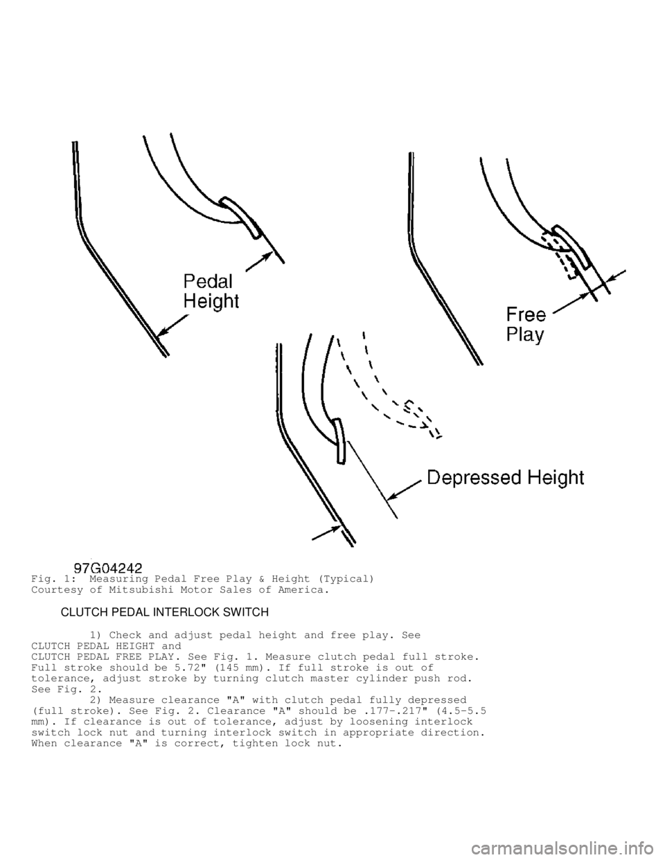 MITSUBISHI MONTERO 1998  Service Manual Fig. 1:  Measuring Pedal Free Play & Height (Typical)
Courtesy of Mitsubishi Motor Sales of America.
         CLUTCH PEDAL INTERLOCK SWITCH
         1) Check and adjust pedal height and free play. See