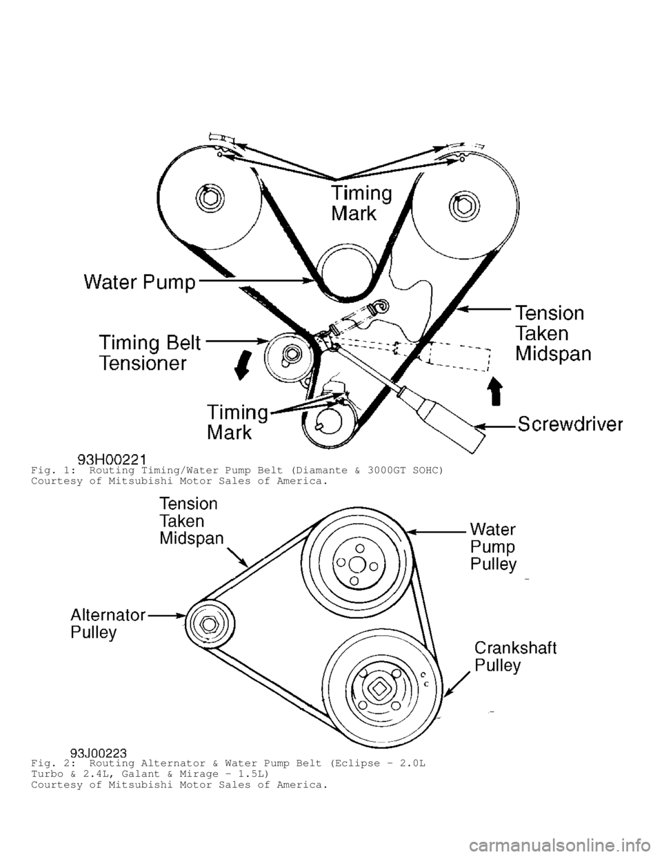 MITSUBISHI MONTERO 1998  Service Manual Fig. 1:  Routing Timing/Water Pump Belt (Diamante & 3000GT SOHC)
Courtesy of Mitsubishi Motor Sales of America.
Fig. 2:  Routing Alternator & Water Pump Belt (Eclipse - 2.0L
Turbo & 2.4L, Galant & Mir