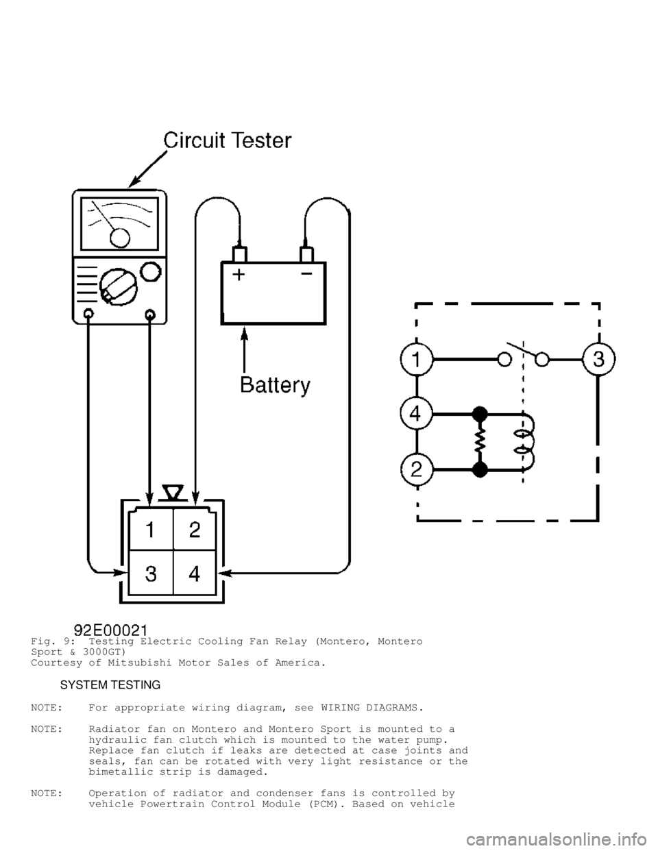 MITSUBISHI MONTERO 1998 Owners Manual Fig. 9: Testing Electric Cooling Fan Relay (Montero, Montero
Sport & 3000GT)
Courtesy of Mitsubishi Motor Sales of America.
SYSTEM TESTING
NOTE: For appropriate wiring diagram, see WIRIN MITSUBISHI MONTERO 1998 Owners Manual Fig. 9: Testing Electric Cooling Fan Relay (Montero, Montero
Sport & 3000GT)
Courtesy of Mitsubishi Motor Sales of America.
SYSTEM TESTING
NOTE: For appropriate wiring diagram, see WIRIN