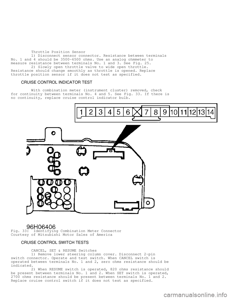 MITSUBISHI MONTERO 1998 Owners Manual Throttle Position Sensor
1) Disconnect sensor connector. Resistance between terminals
No. 1 and 4 should be 3500-6500 ohms. Use an analog ohmmeter to
measure resistance between termi MITSUBISHI MONTERO 1998 Owners Manual Throttle Position Sensor
1) Disconnect sensor connector. Resistance between terminals
No. 1 and 4 should be 3500-6500 ohms. Use an analog ohmmeter to
measure resistance between termi