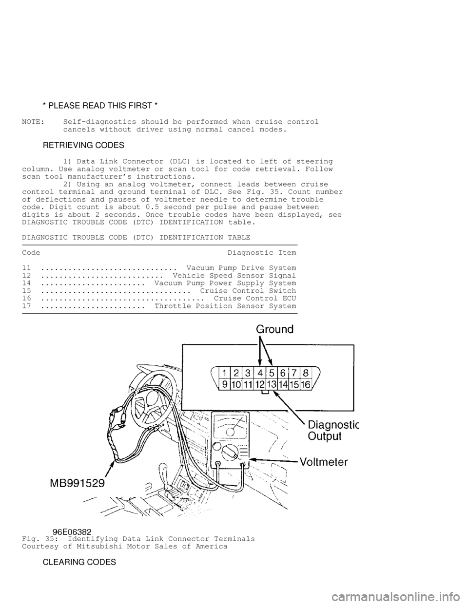 MITSUBISHI MONTERO 1998  Service Manual          * PLEASE READ THIS FIRST *
NOTE:    Self-diagnostics should be performed when cruise control
         cancels without driver using normal cancel modes.
         RETRIEVING CODES
         1) D