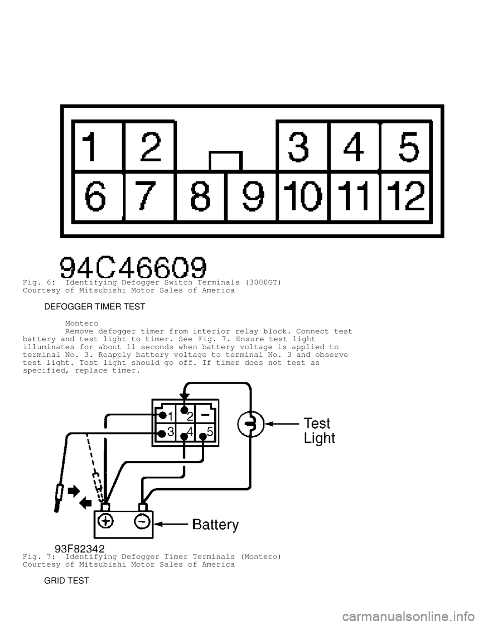 MITSUBISHI MONTERO 1998 Owners Guide Fig. 6: Identifying Defogger Switch Terminals (3000GT)
Courtesy of Mitsubishi Motor Sales of America
DEFOGGER TIMER TEST
Montero
Remove defogger timer from interior relay MITSUBISHI MONTERO 1998 Owners Guide Fig. 6: Identifying Defogger Switch Terminals (3000GT)
Courtesy of Mitsubishi Motor Sales of America
DEFOGGER TIMER TEST
Montero
Remove defogger timer from interior relay