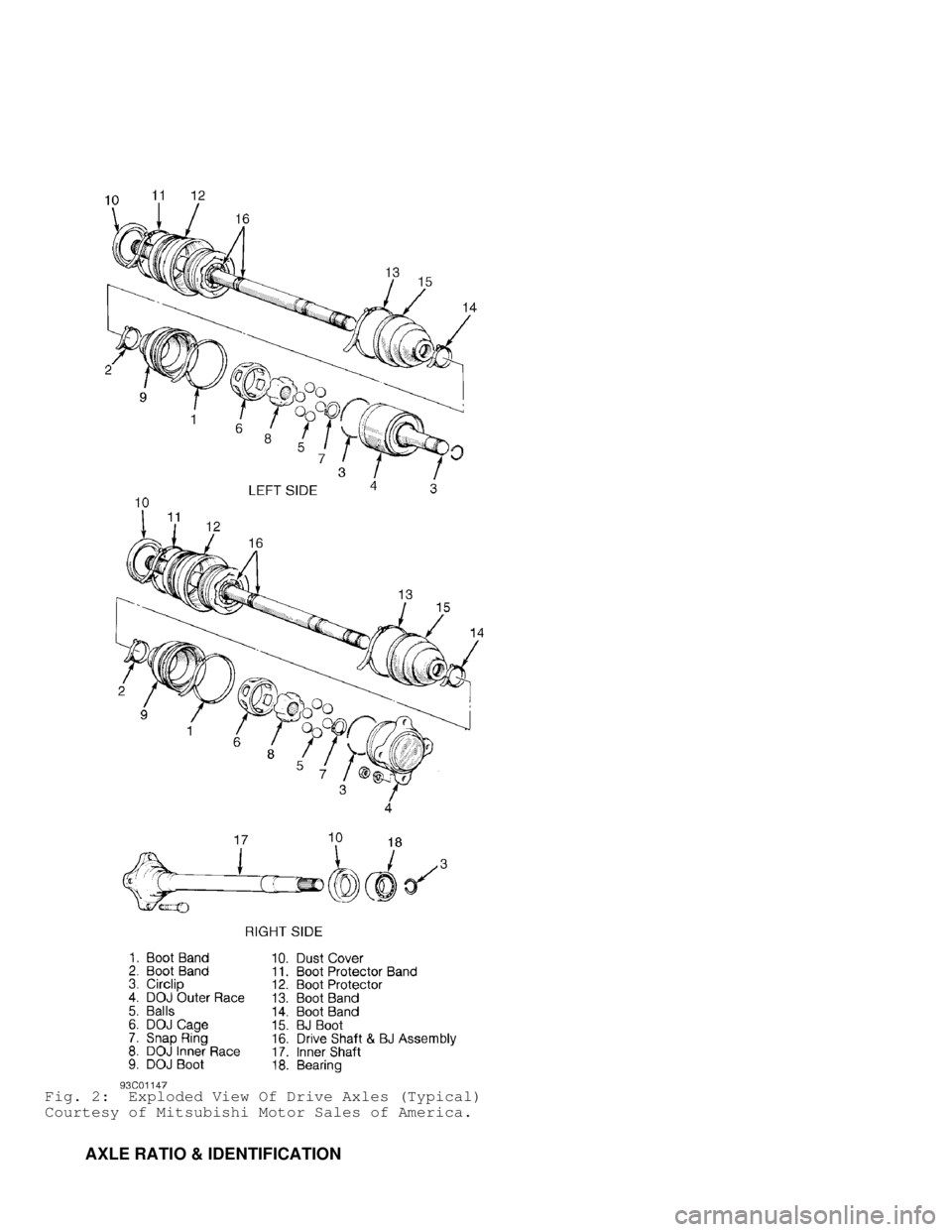 MITSUBISHI MONTERO 1998  Service Manual Fig. 2:  Exploded View Of Drive Axles (Typical)
Courtesy of Mitsubishi Motor Sales of America.
         AXLE RATIO & IDENTIFICATION                     