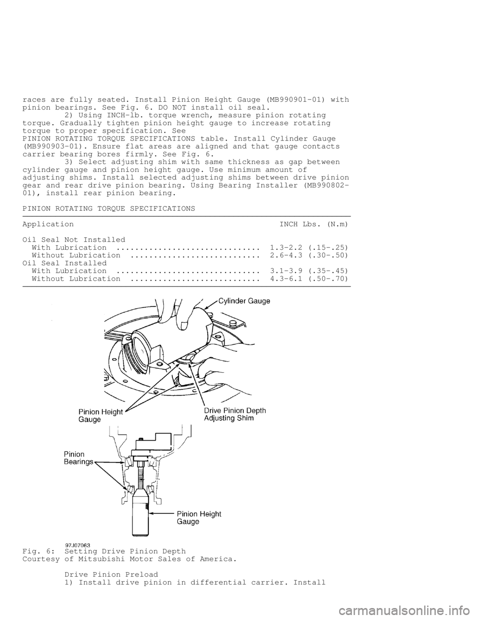 MITSUBISHI MONTERO 1998 Owners Guide races are fully seated. Install Pinion Height Gauge (MB990901-01) with\
pinion bearings. See Fig. 6. DO NOT install oil seal.
         2) Using INCH-lb. torque wrench, measure pinion rotating
torque.