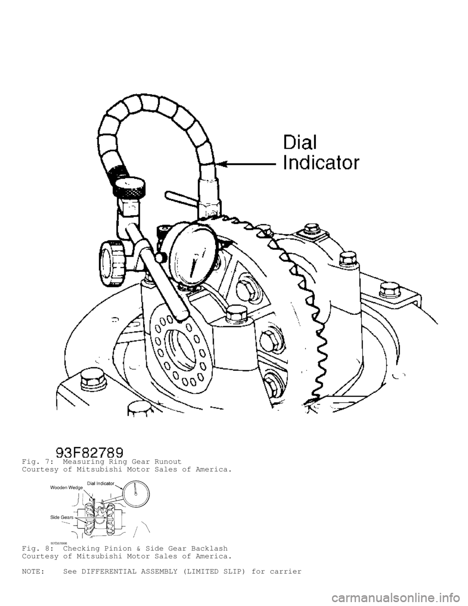 MITSUBISHI MONTERO 1998  Service Manual Fig. 7:  Measuring Ring Gear Runout
Courtesy of Mitsubishi Motor Sales of America.
Fig. 8:  Checking Pinion & Side Gear Backlash
Courtesy of Mitsubishi Motor Sales of America.
NOTE:    See DIFFERENTIA