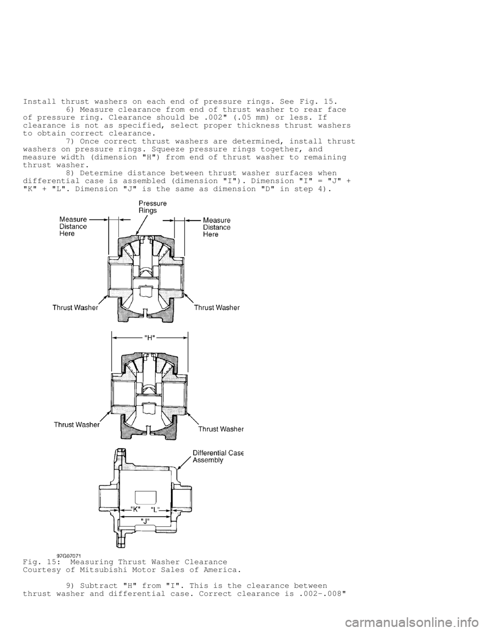 MITSUBISHI MONTERO 1998 Service Manual Install thrust washers on each end of pressure rings. See Fig. 15.
6) Measure clearance from end of thrust washer to rear face
of pressure ring. Clearance should be .002" (.05 mm) or less. If MITSUBISHI MONTERO 1998 Service Manual Install thrust washers on each end of pressure rings. See Fig. 15.
6) Measure clearance from end of thrust washer to rear face
of pressure ring. Clearance should be .002" (.05 mm) or less. If
