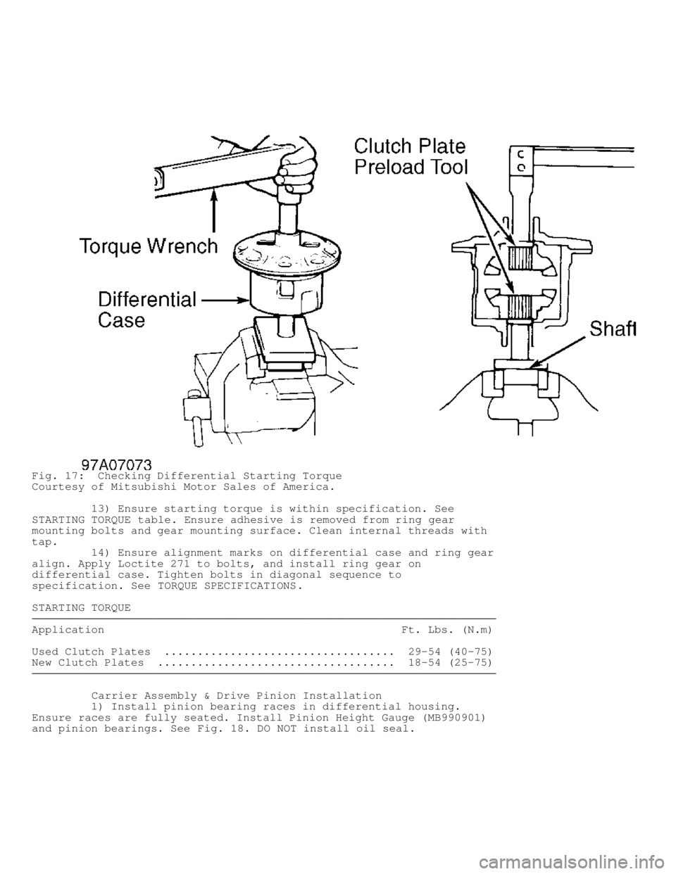 MITSUBISHI MONTERO 1998  Service Manual Fig. 17:  Checking Differential Starting Torque
Courtesy of Mitsubishi Motor Sales of America.
         13) Ensure starting torque is within specification. See
STARTING TORQUE table. Ensure adhesive i