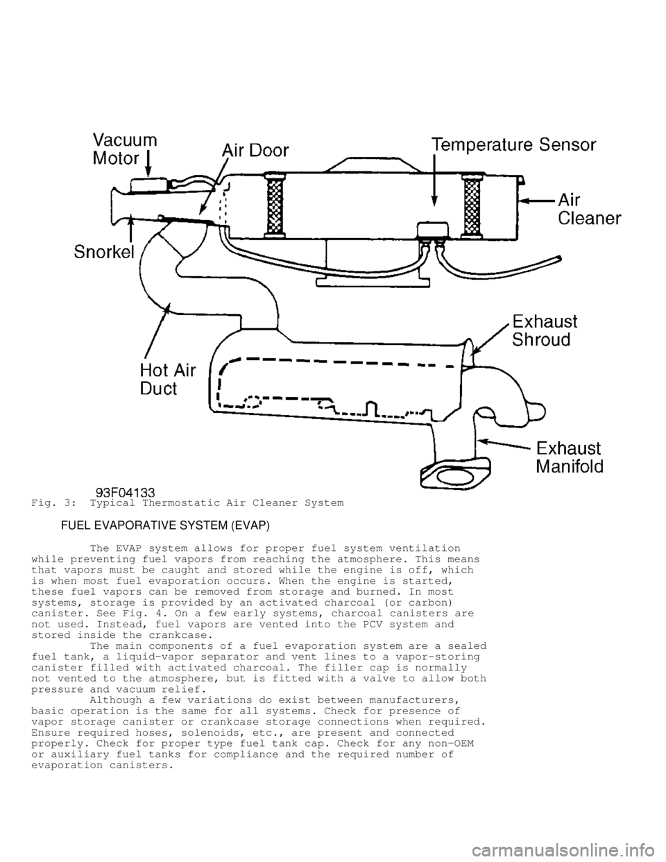 MITSUBISHI MONTERO 1998 Workshop Manual Fig. 3: Typical Thermostatic Air Cleaner System
FUEL EVAPORATIVE SYSTEM (EVAP)
The EVAP system allows for proper fuel system ventilation
while preventing fuel vapors from reaching t MITSUBISHI MONTERO 1998 Workshop Manual Fig. 3: Typical Thermostatic Air Cleaner System
FUEL EVAPORATIVE SYSTEM (EVAP)
The EVAP system allows for proper fuel system ventilation
while preventing fuel vapors from reaching t