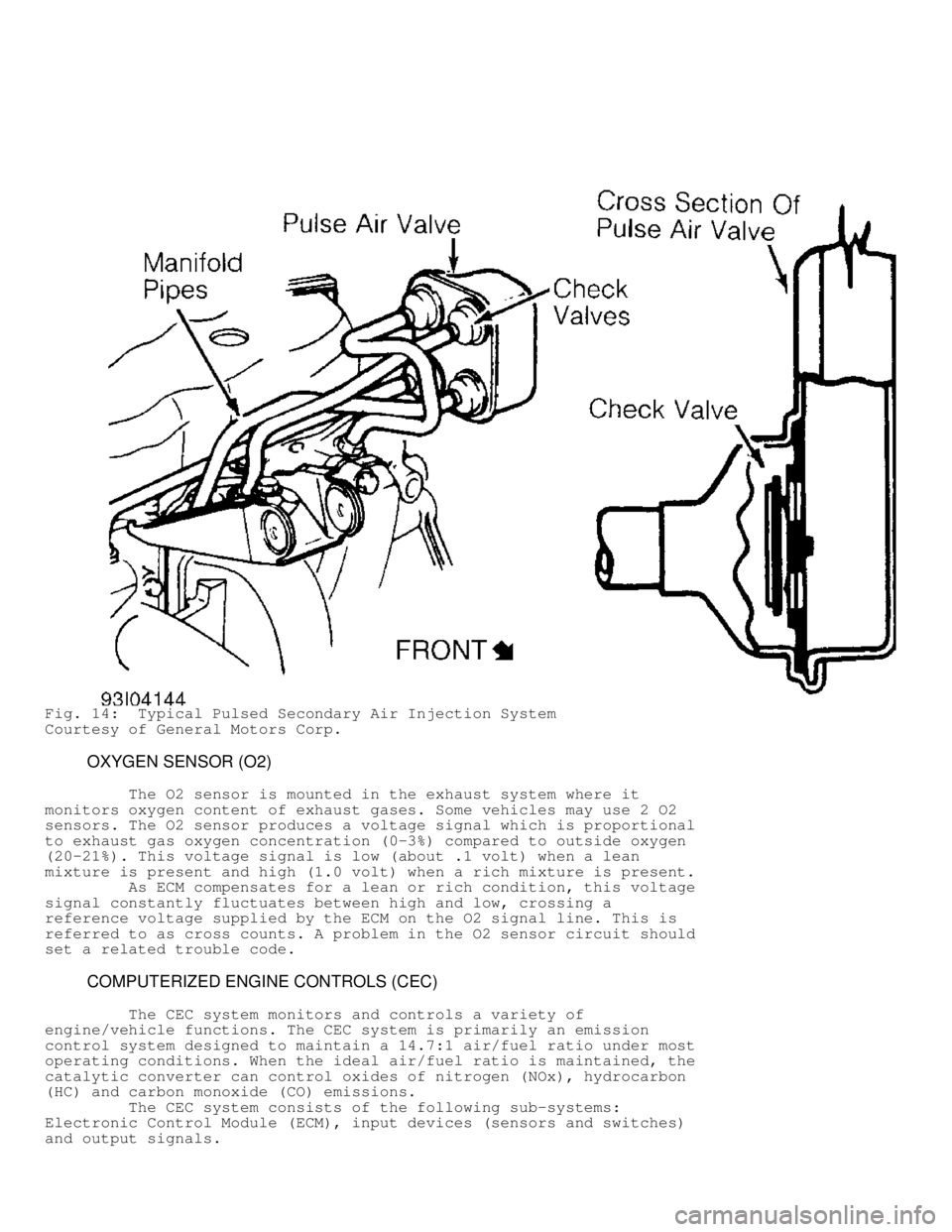 MITSUBISHI MONTERO 1998 Service Manual Fig. 14: Typical Pulsed Secondary Air Injection System
Courtesy of General Motors Corp.
OXYGEN SENSOR (O2)
The O2 sensor is mounted in the exhaust system where it
monitors oxygen co MITSUBISHI MONTERO 1998 Service Manual Fig. 14: Typical Pulsed Secondary Air Injection System
Courtesy of General Motors Corp.
OXYGEN SENSOR (O2)
The O2 sensor is mounted in the exhaust system where it
monitors oxygen co