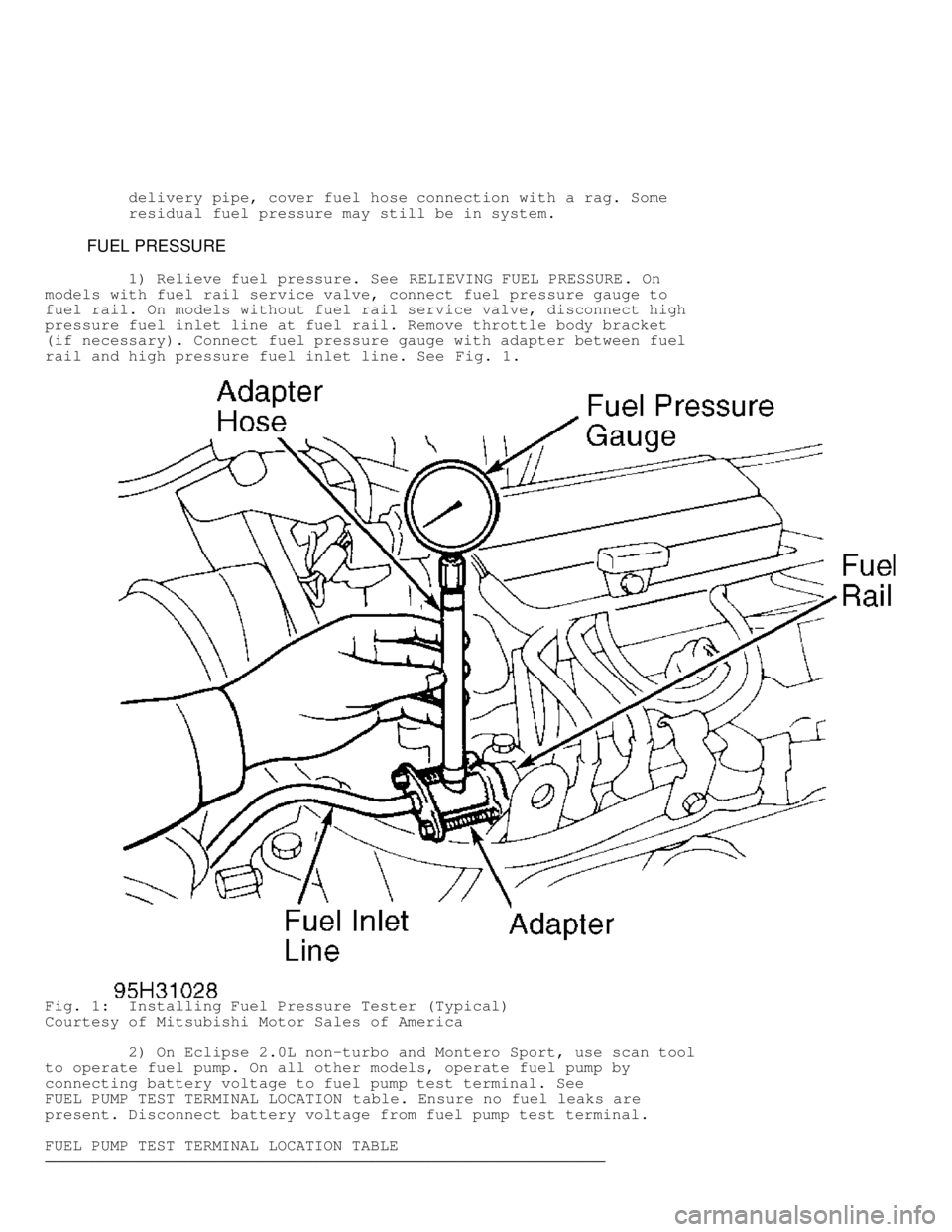 MITSUBISHI MONTERO 1998  Service Manual          delivery pipe, cover fuel hose connection with a rag. Some
         residual fuel pressure may still be in system.
         FUEL PRESSURE
         1) Relieve fuel pressure. See  RELIEVING FUE
