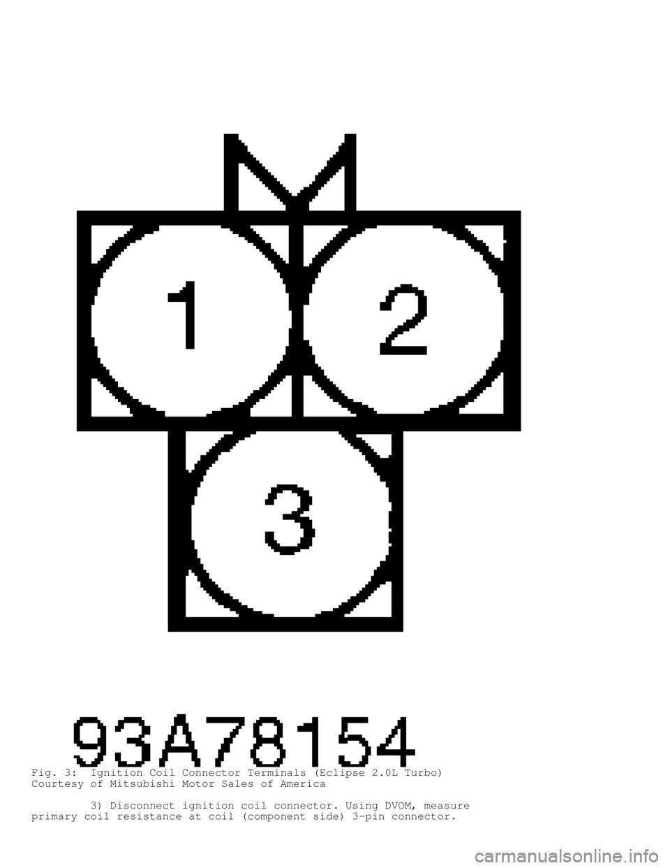 MITSUBISHI MONTERO 1998  Service Manual Fig. 3:  Ignition Coil Connector Terminals (Eclipse 2.0L Turbo)
Courtesy of Mitsubishi Motor Sales of America
         3) Disconnect ignition coil connector. Using DVOM, measure
primary coil resistanc