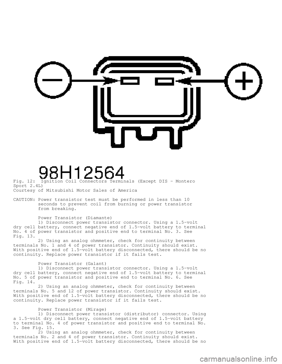 MITSUBISHI MONTERO 1998  Service Manual Fig. 12:  Ignition Coil Connectors Terminals (Except DIS - Montero
Sport 2.4L)
Courtesy of Mitsubishi Motor Sales of America
CAUTION: Power transistor test must be performed in less than 10
         s