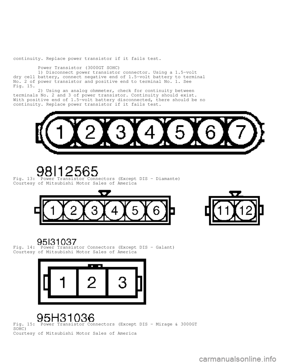MITSUBISHI MONTERO 1998  Service Manual continuity. Replace power transistor if it fails test.
         Power Transistor (3000GT SOHC)
         1) Disconnect power transistor connector. Using a 1.5-volt
dry cell battery, connect negative en