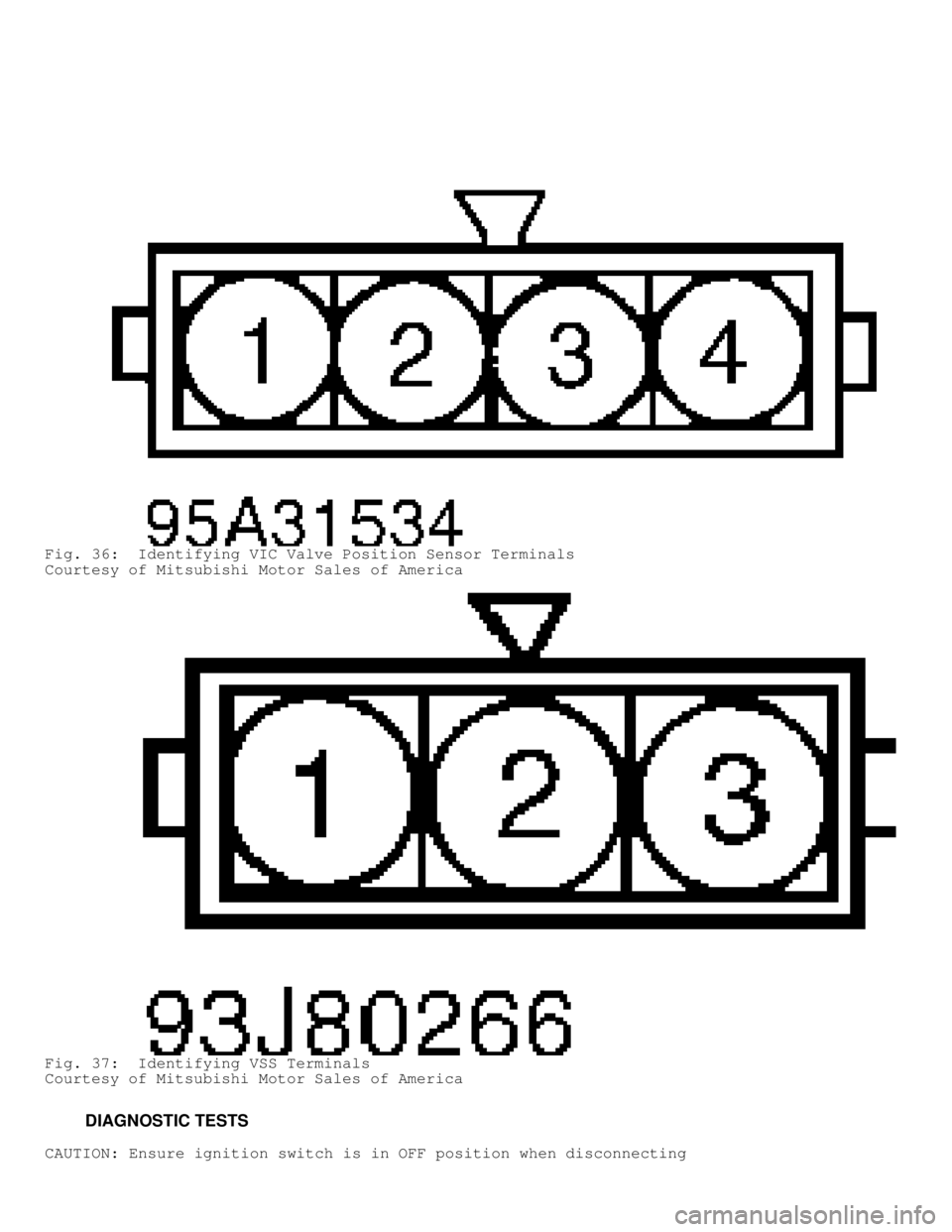 MITSUBISHI MONTERO 1998  Service Manual Fig. 36:  Identifying VIC Valve Position Sensor Terminals
Courtesy of Mitsubishi Motor Sales of America
Fig. 37:  Identifying VSS Terminals
Courtesy of Mitsubishi Motor Sales of America
         DIAGN