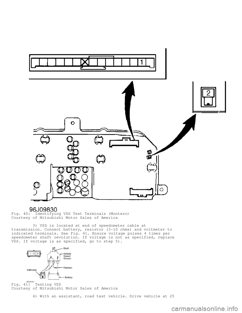 MITSUBISHI MONTERO 1998  Service Manual Fig. 40:  Identifying VSS Test Terminals (Montero)
Courtesy of Mitsubishi Motor Sales of America
         3) VSS is located at end of speedometer cable at
transmission. Connect battery, resistor (3-10