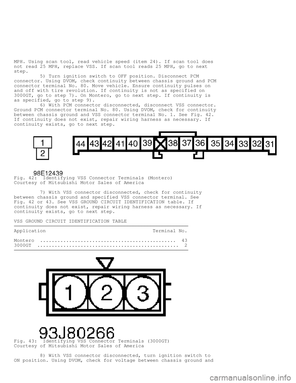 MITSUBISHI MONTERO 1998  Service Manual MPH. Using scan tool, read vehicle speed (item 24). If scan tool does
not read 25 MPH, replace VSS. If scan tool reads 25 MPH, go to next
step.
         5) Turn ignition switch to OFF position. Discon