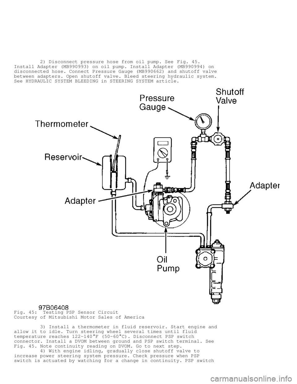 MITSUBISHI MONTERO 1998 Service Manual 2) Disconnect pressure hose from oil pump. See Fig. 45.
Install Adapter (MB990993) on oil pump. Install Adapter (MB990994) o\
n
disconnected hose. Connect Pressure Gauge (MB990662) and shutof MITSUBISHI MONTERO 1998 Service Manual 2) Disconnect pressure hose from oil pump. See Fig. 45.
Install Adapter (MB990993) on oil pump. Install Adapter (MB990994) o\
n
disconnected hose. Connect Pressure Gauge (MB990662) and shutof
