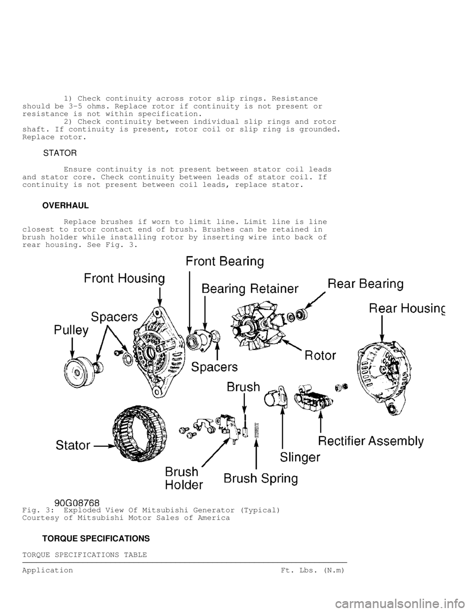 MITSUBISHI MONTERO 1998 Workshop Manual          1) Check continuity across rotor slip rings. Resistance
should be 3-5 ohms. Replace rotor if continuity is not present or
resistance is not within specification.
         2) Check continuity 