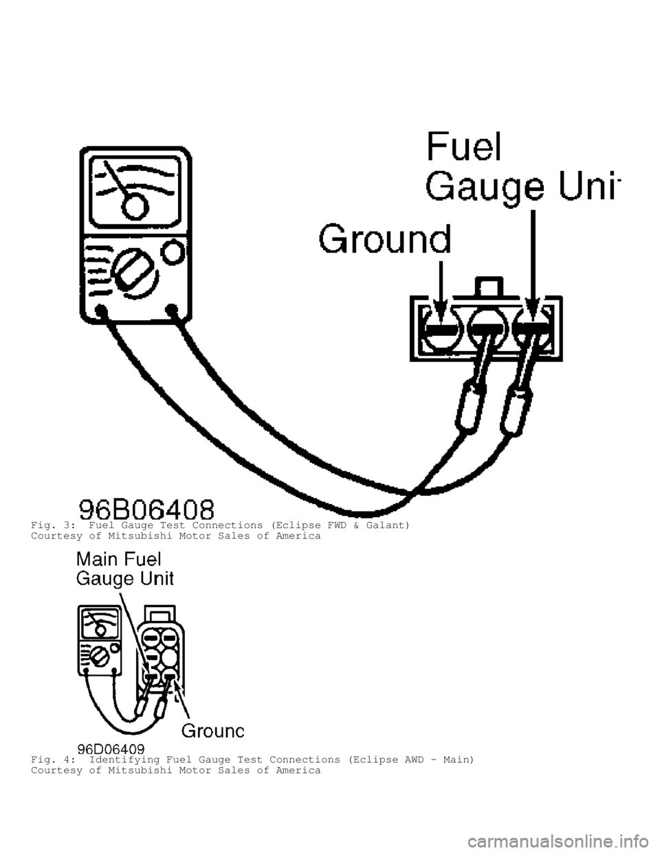 MITSUBISHI MONTERO 1998  Service Manual Fig. 3:  Fuel Gauge Test Connections (Eclipse FWD & Galant)
Courtesy of Mitsubishi Motor Sales of America
Fig. 4:  Identifying Fuel Gauge Test Connections (Eclipse AWD - Main)
Courtesy of Mitsubishi M