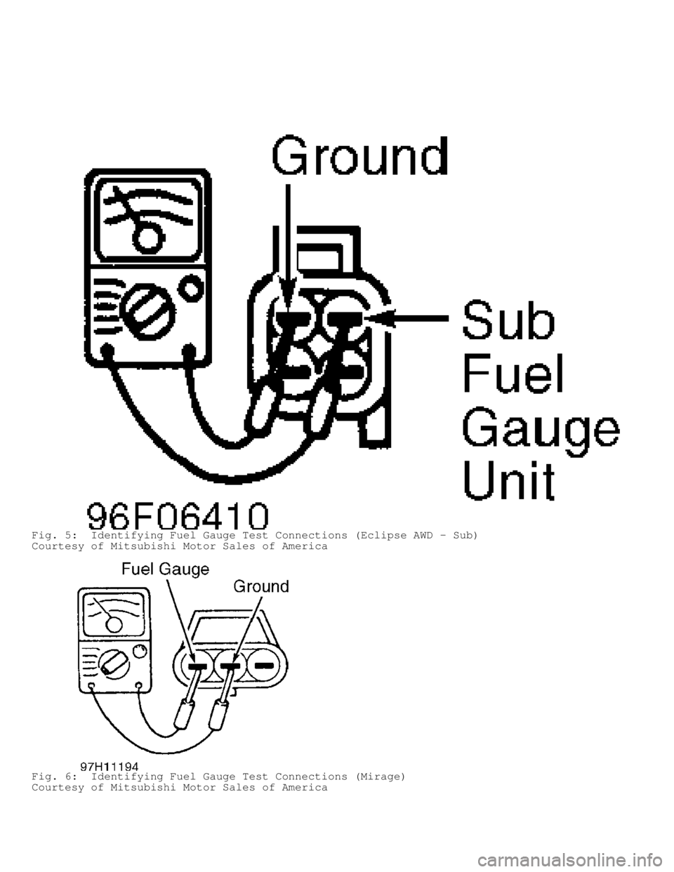 MITSUBISHI MONTERO 1998  Service Manual Fig. 5:  Identifying Fuel Gauge Test Connections (Eclipse AWD - Sub)
Courtesy of Mitsubishi Motor Sales of America
Fig. 6:  Identifying Fuel Gauge Test Connections (Mirage)
Courtesy of Mitsubishi Moto