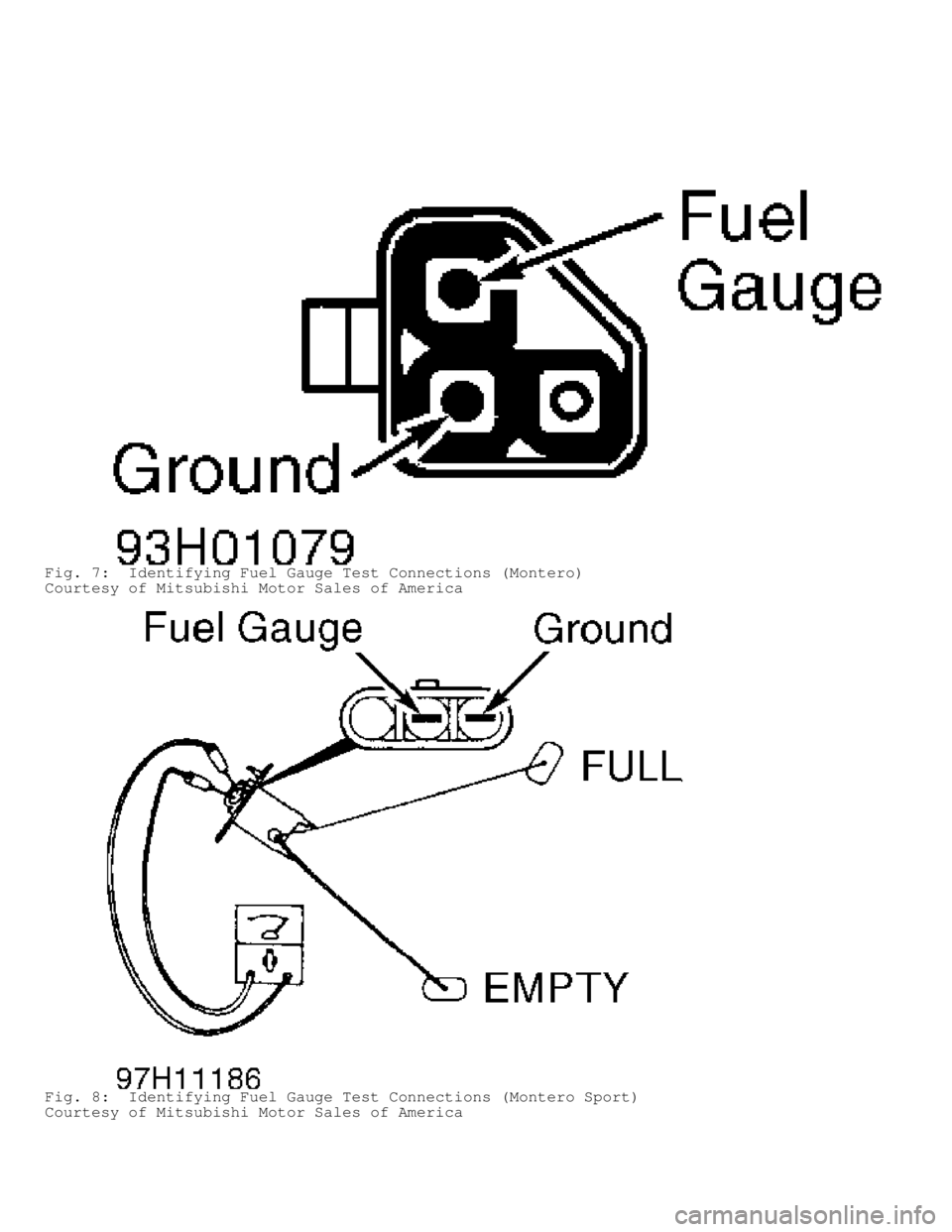 MITSUBISHI MONTERO 1998  Service Manual Fig. 7:  Identifying Fuel Gauge Test Connections (Montero)
Courtesy of Mitsubishi Motor Sales of America
Fig. 8:  Identifying Fuel Gauge Test Connections (Montero Sport)
Courtesy of Mitsubishi Motor S