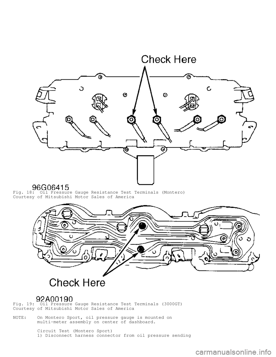 MITSUBISHI MONTERO 1998  Service Manual Fig. 18:  Oil Pressure Gauge Resistance Test Terminals (Montero)
Courtesy of Mitsubishi Motor Sales of America
Fig. 19:  Oil Pressure Gauge Resistance Test Terminals (3000GT)
Courtesy of Mitsubishi Mo