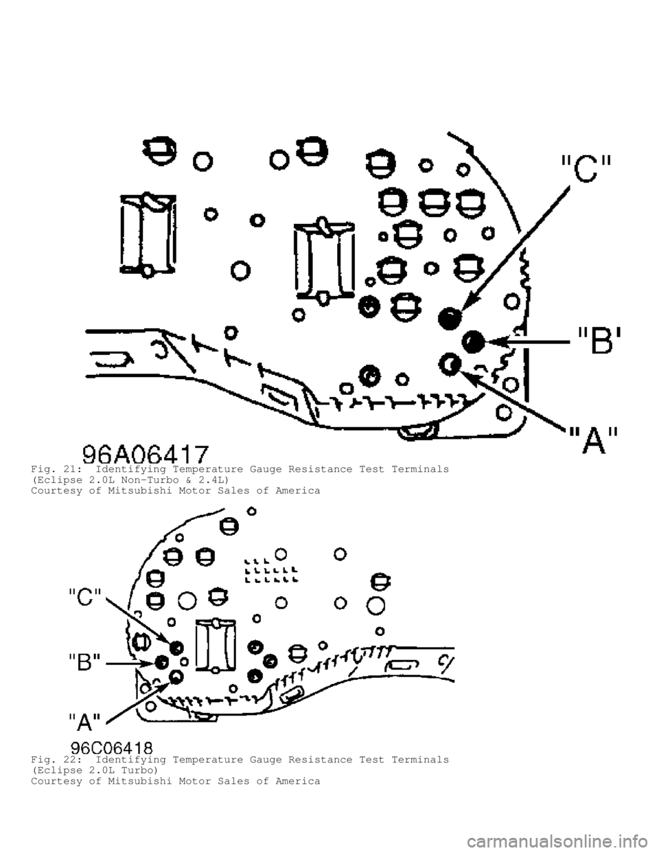 MITSUBISHI MONTERO 1998 Service Manual Fig. 21: Identifying Temperature Gauge Resistance Test Terminals
(Eclipse 2.0L Non-Turbo & 2.4L)
Courtesy of Mitsubishi Motor Sales of America
Fig. 22: Identifying Temperature Gauge Resistance Test MITSUBISHI MONTERO 1998 Service Manual Fig. 21: Identifying Temperature Gauge Resistance Test Terminals
(Eclipse 2.0L Non-Turbo & 2.4L)
Courtesy of Mitsubishi Motor Sales of America
Fig. 22: Identifying Temperature Gauge Resistance Test