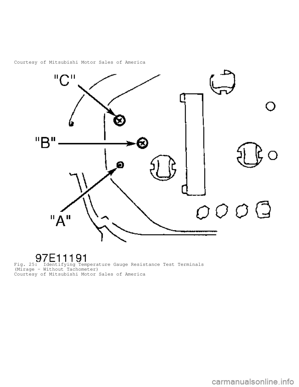 MITSUBISHI MONTERO 1998 Service Manual Courtesy of Mitsubishi Motor Sales of America
Fig. 25: Identifying Temperature Gauge Resistance Test Terminals
(Mirage - Without Tachometer)
Courtesy of Mitsubishi Motor Sales of America MITSUBISHI MONTERO 1998 Service Manual Courtesy of Mitsubishi Motor Sales of America
Fig. 25: Identifying Temperature Gauge Resistance Test Terminals
(Mirage - Without Tachometer)
Courtesy of Mitsubishi Motor Sales of America
