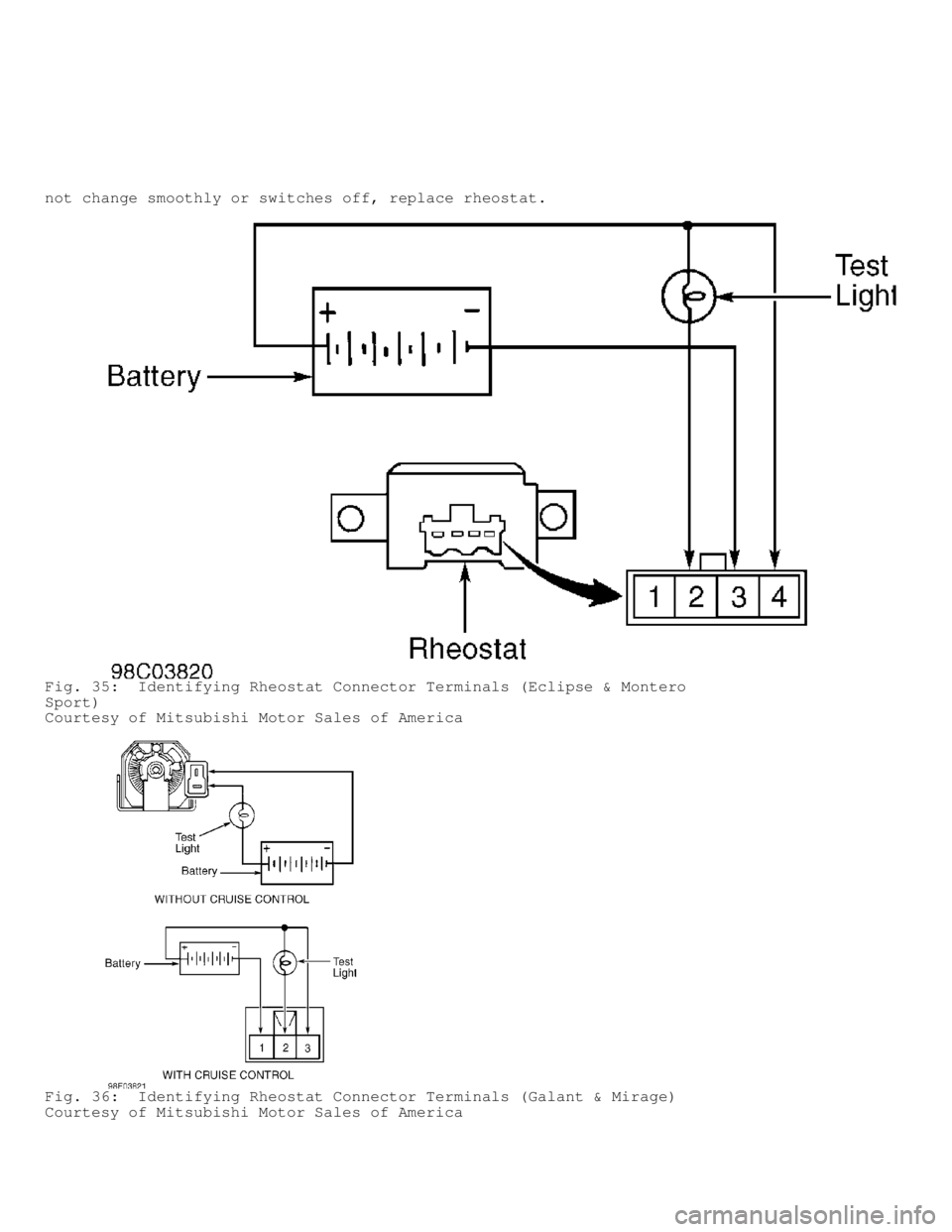 MITSUBISHI MONTERO 1998  Service Manual not change smoothly or switches off, replace rheostat.
Fig. 35:  Identifying Rheostat Connector Terminals (Eclipse & Montero
Sport)
Courtesy of Mitsubishi Motor Sales of America
Fig. 36:  Identifying 