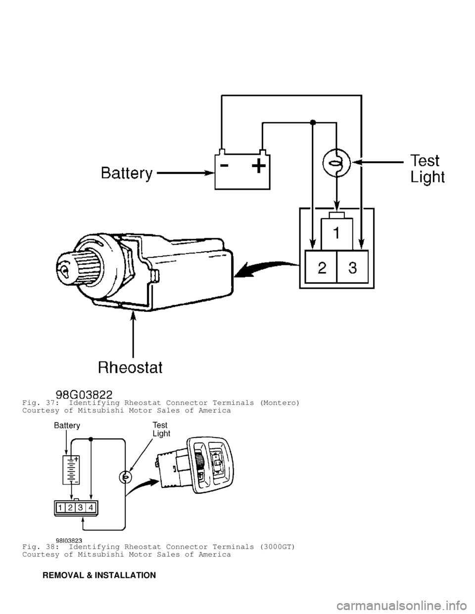 MITSUBISHI MONTERO 1998  Service Manual Fig. 37:  Identifying Rheostat Connector Terminals (Montero)
Courtesy of Mitsubishi Motor Sales of America
Fig. 38:  Identifying Rheostat Connector Terminals (3000GT)
Courtesy of Mitsubishi Motor Sale