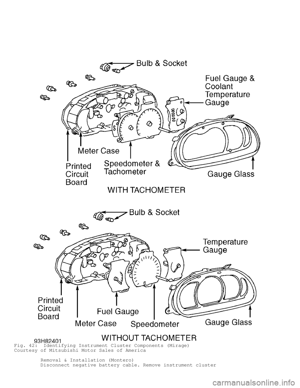 MITSUBISHI MONTERO 1998  Service Manual Fig. 42:  Identifying Instrument Cluster Components (Mirage)
Courtesy of Mitsubishi Motor Sales of America
         Removal & Installation (Montero)
         Disconnect negative battery cable. Remove 