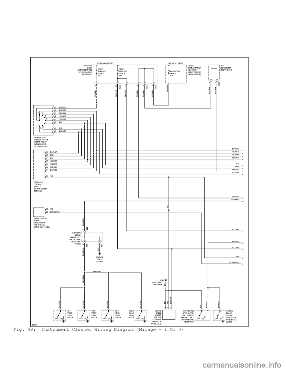 MITSUBISHI MONTERO 1998 Service Manual Fig. 49: Instrument Cluster Wiring Diagram (Mirage - 1 Of 3) MITSUBISHI MONTERO 1998 Service Manual Fig. 49: Instrument Cluster Wiring Diagram (Mirage - 1 Of 3)