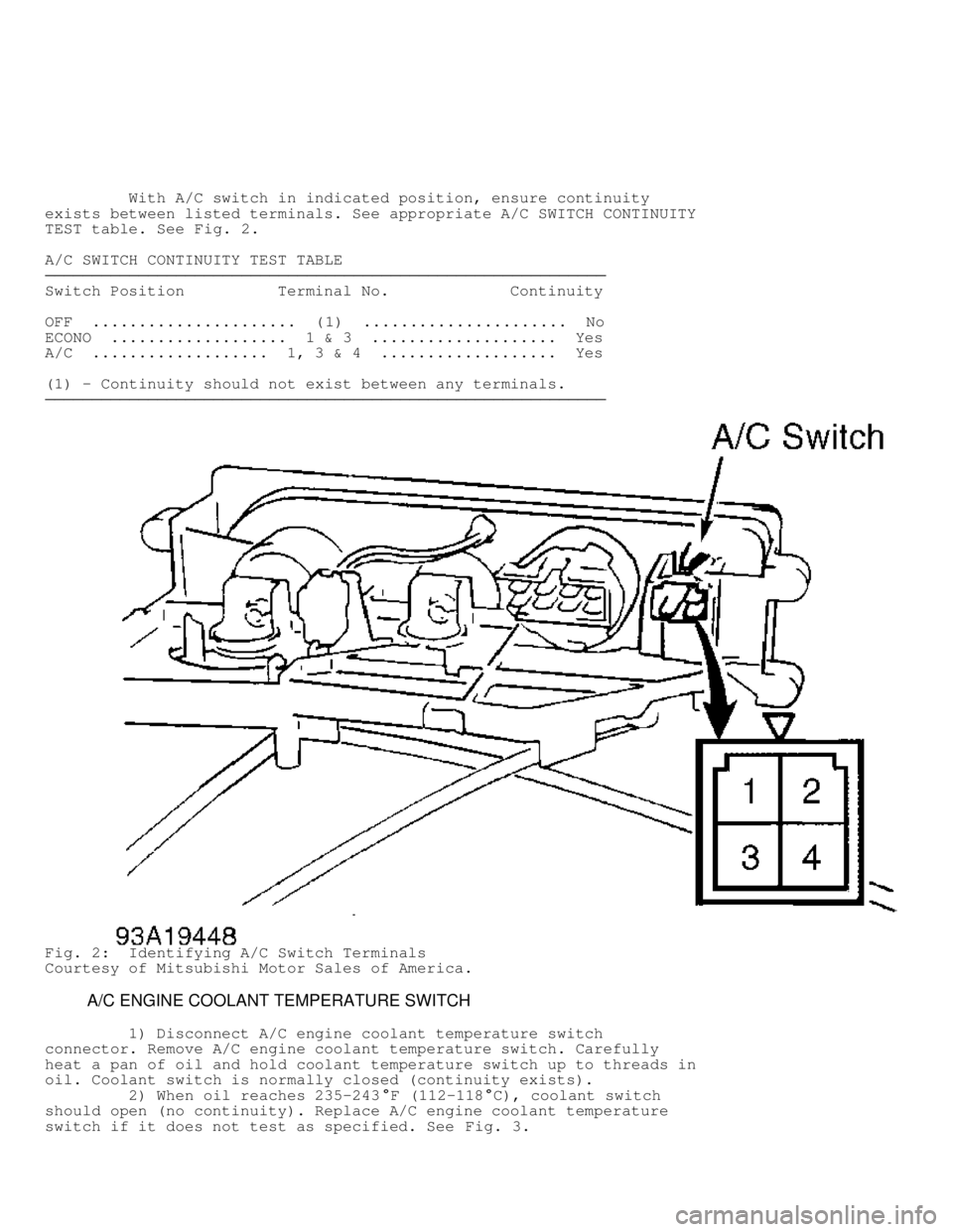 MITSUBISHI MONTERO 1998 Owners Manual          With A/C switch in indicated position, ensure continuity
exists between listed terminals. See appropriate A/C SWITCH CONTINUITY
TEST table. See Fig. 2.
A/C SWITCH CONTINUITY TEST TABLE
���