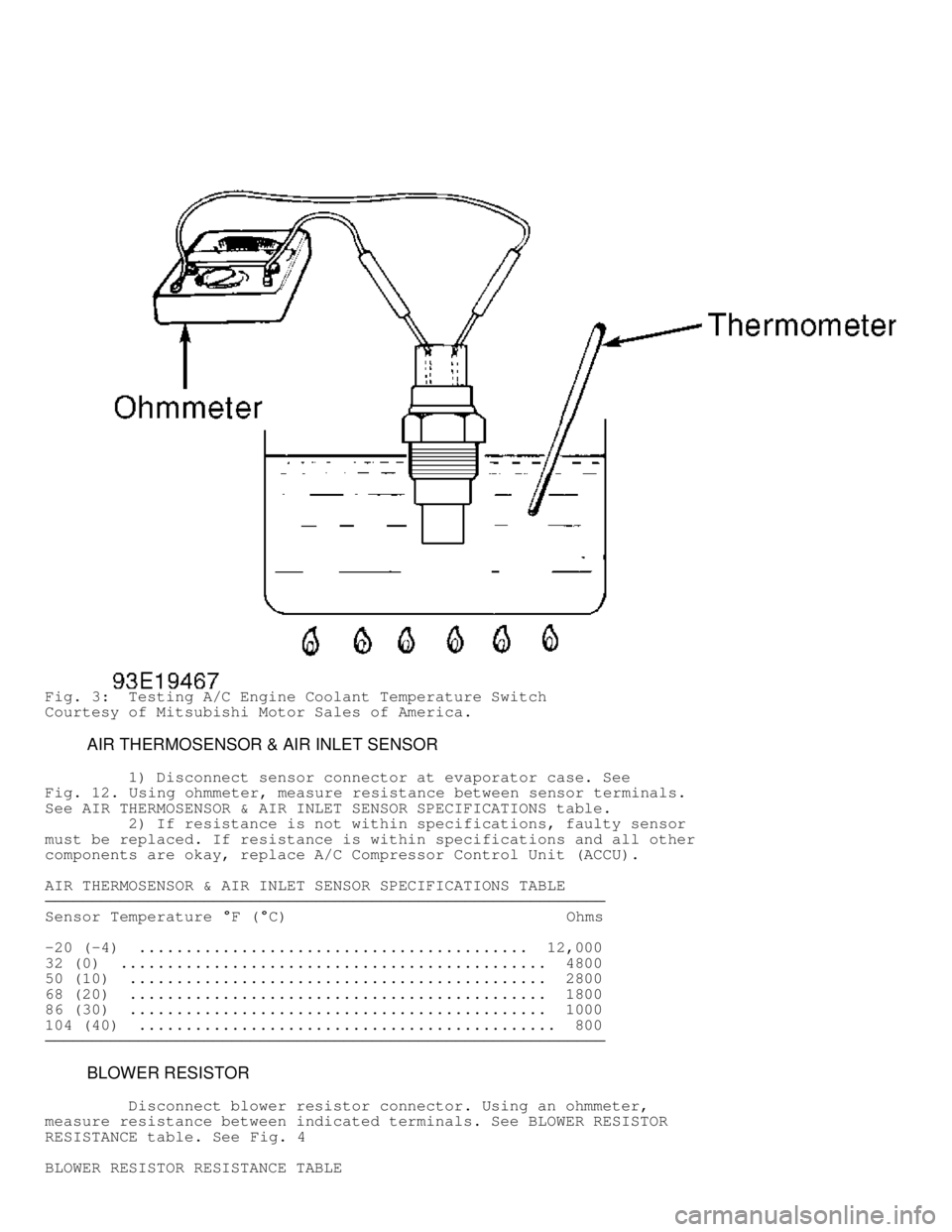 MITSUBISHI MONTERO 1998 Owners Manual Fig. 3:  Testing A/C Engine Coolant Temperature Switch
Courtesy of Mitsubishi Motor Sales of America.
         AIR THERMOSENSOR & AIR INLET SENSOR
         1) Disconnect sensor connector at evaporator
