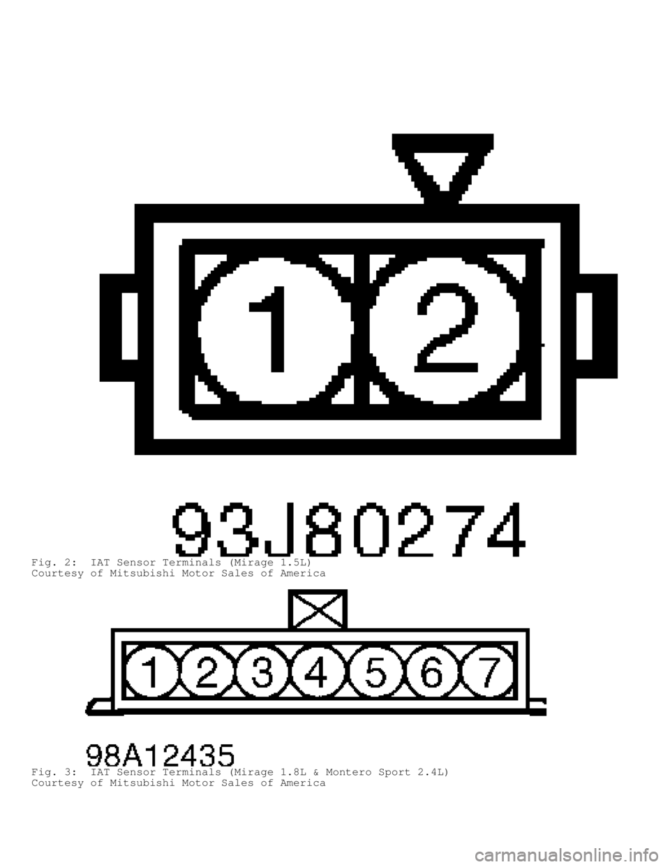 MITSUBISHI MONTERO 1998 Service Manual Fig. 2: IAT Sensor Terminals (Mirage 1.5L)
Courtesy of Mitsubishi Motor Sales of America
Fig. 3: IAT Sensor Terminals (Mirage 1.8L & Montero Sport 2.4L)
Courtesy of Mitsubishi Motor Sales of America MITSUBISHI MONTERO 1998 Service Manual Fig. 2: IAT Sensor Terminals (Mirage 1.5L)
Courtesy of Mitsubishi Motor Sales of America
Fig. 3: IAT Sensor Terminals (Mirage 1.8L & Montero Sport 2.4L)
Courtesy of Mitsubishi Motor Sales of America